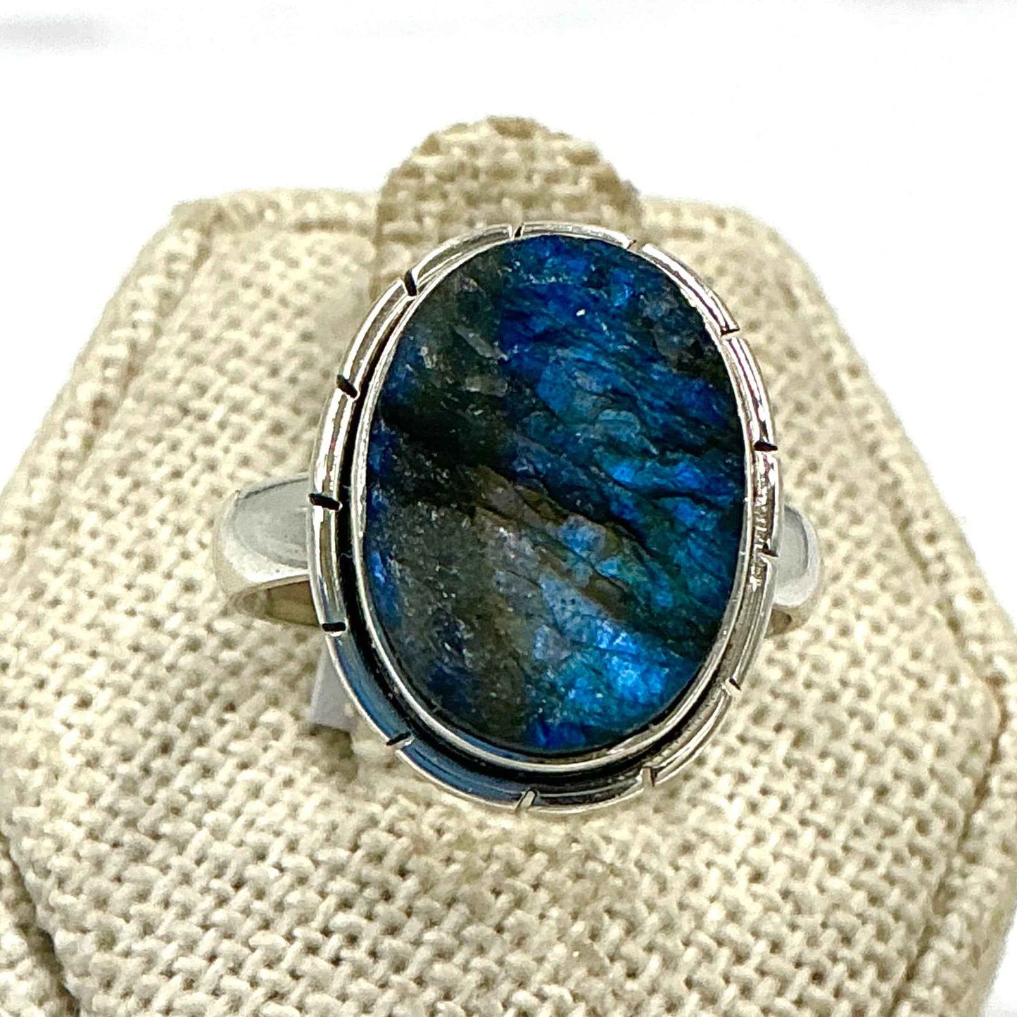 Sterling Silver Rough Lined Oval Labradorite Ring - Size 7 - Intuition, Protection & Transformation