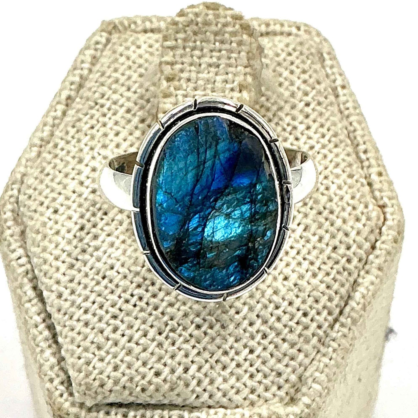 Sterling Silver Rough Lined Oval Labradorite Ring - Size 8 - Intuition, Protection & Transformation