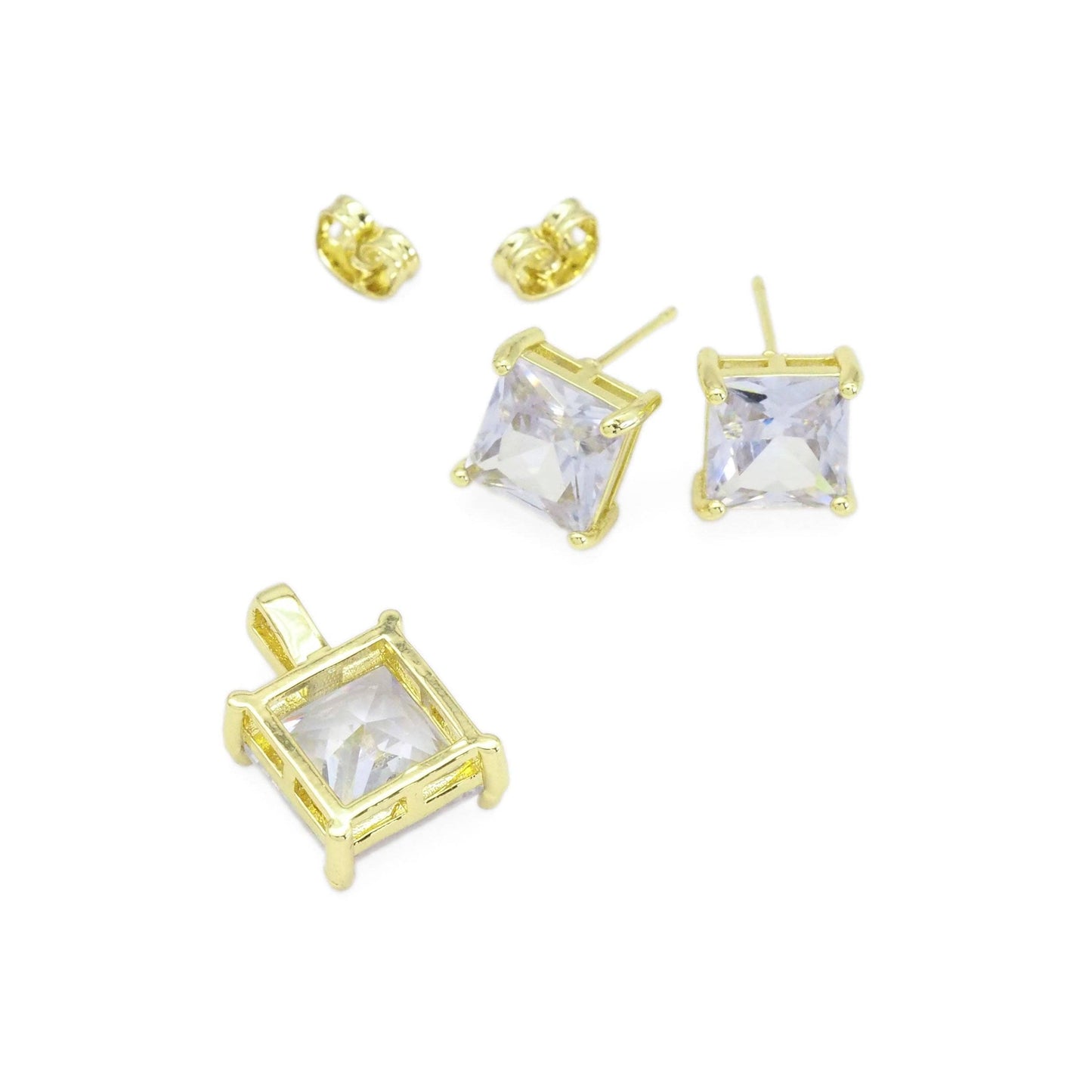 CZ Clear Square Gold Stud Earrings And Pendant, Sku#LK906