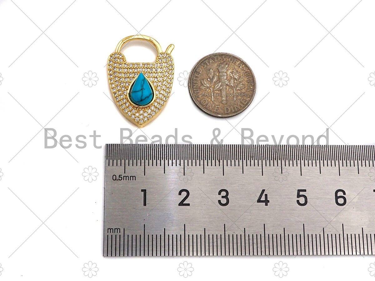 CZ Micro Pave Turquoise Padlock Clasp Charms, Heart CZ Padlock Clasp, Heart Chain Connector, Padlock Necklace Charms, 25x18mm, Sku#K160