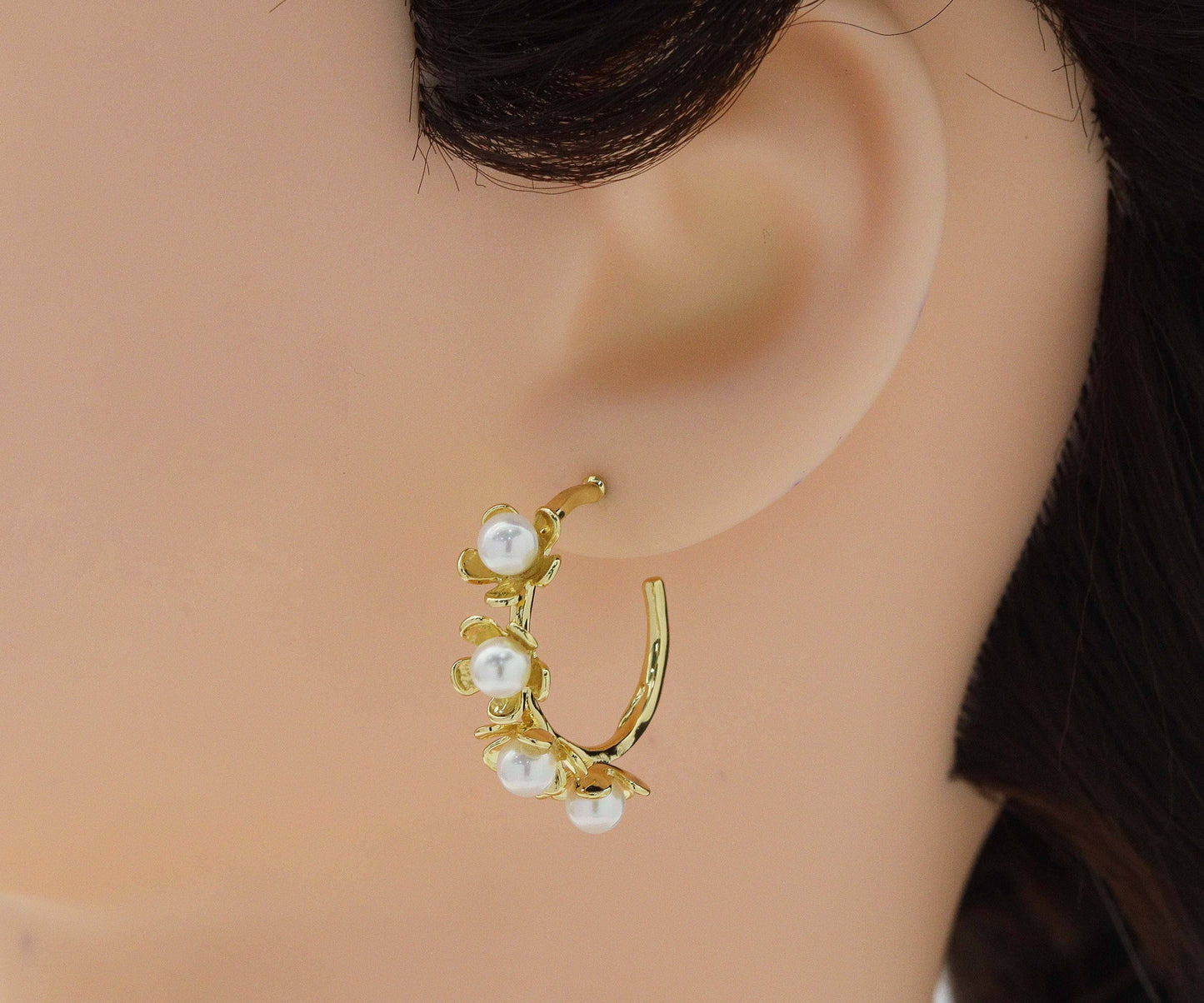Gold Pearl Huggie Earrings, Sku#J349