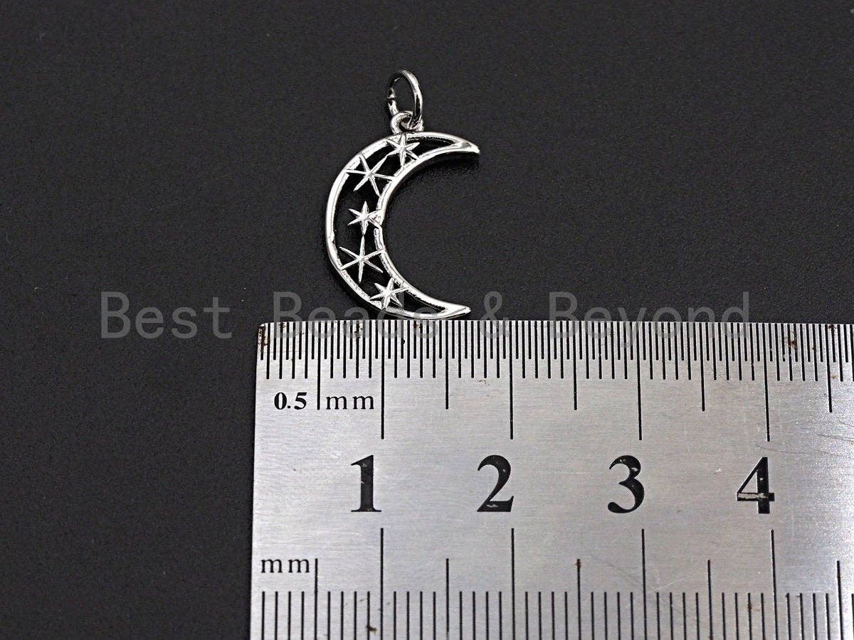 Crescent Moon North Star Hollow Out Pendant, Cubic Zirconia Pendant, Silver/Gold Tone,12x19mm, Sku#Z486
