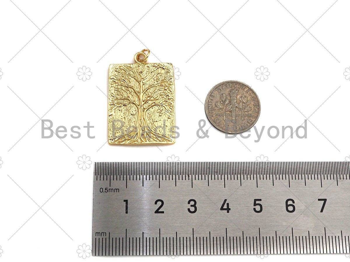 18k Dainty Gold Tree On Rectangle Shape Charms, Dainty Charms, Gold Treen Pendant, Rectangle Necklace Charms, 21x31mm, Sku#LK184