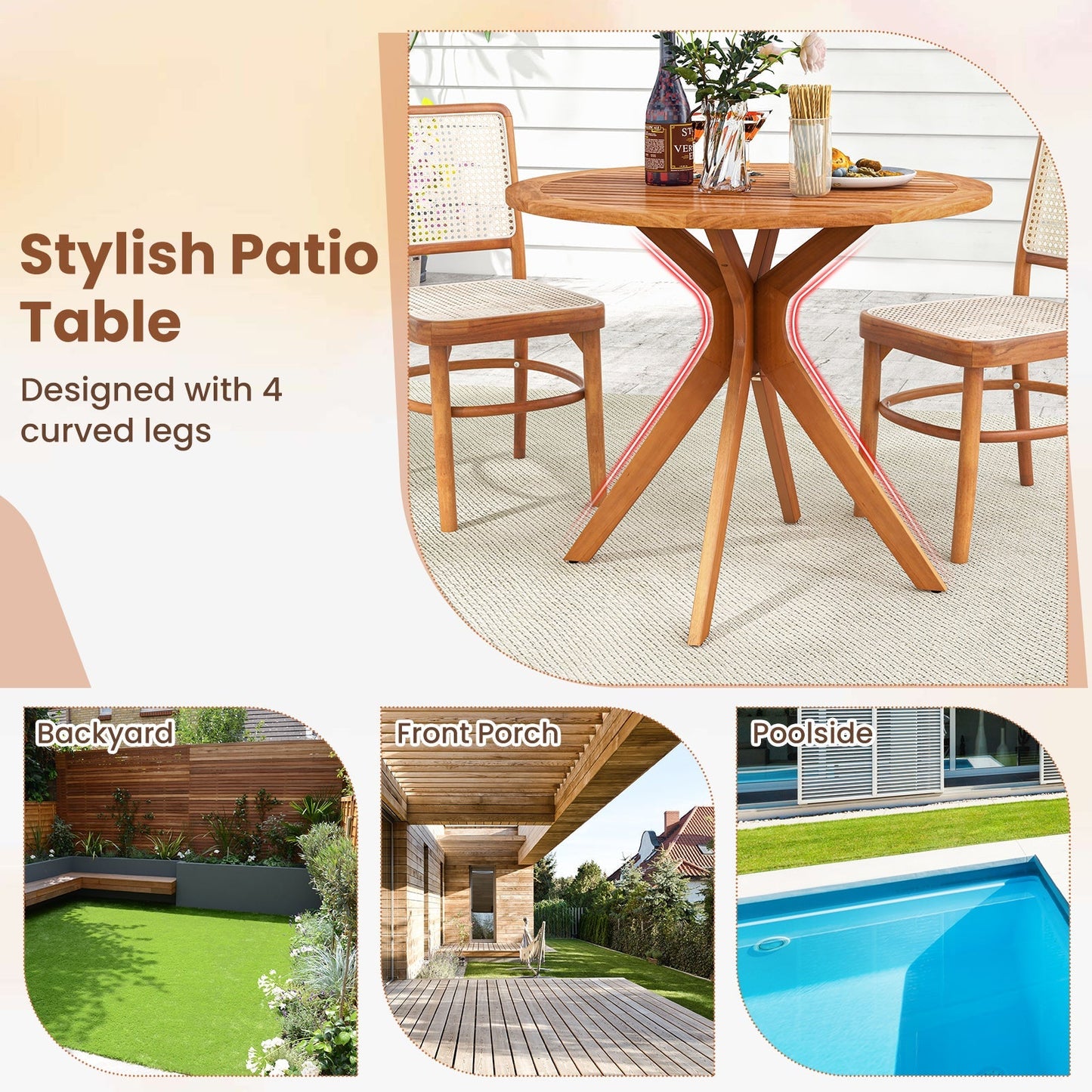 35.5 Inch Patio Wood Dining Table with Slatted Tabletop and Curved Legs