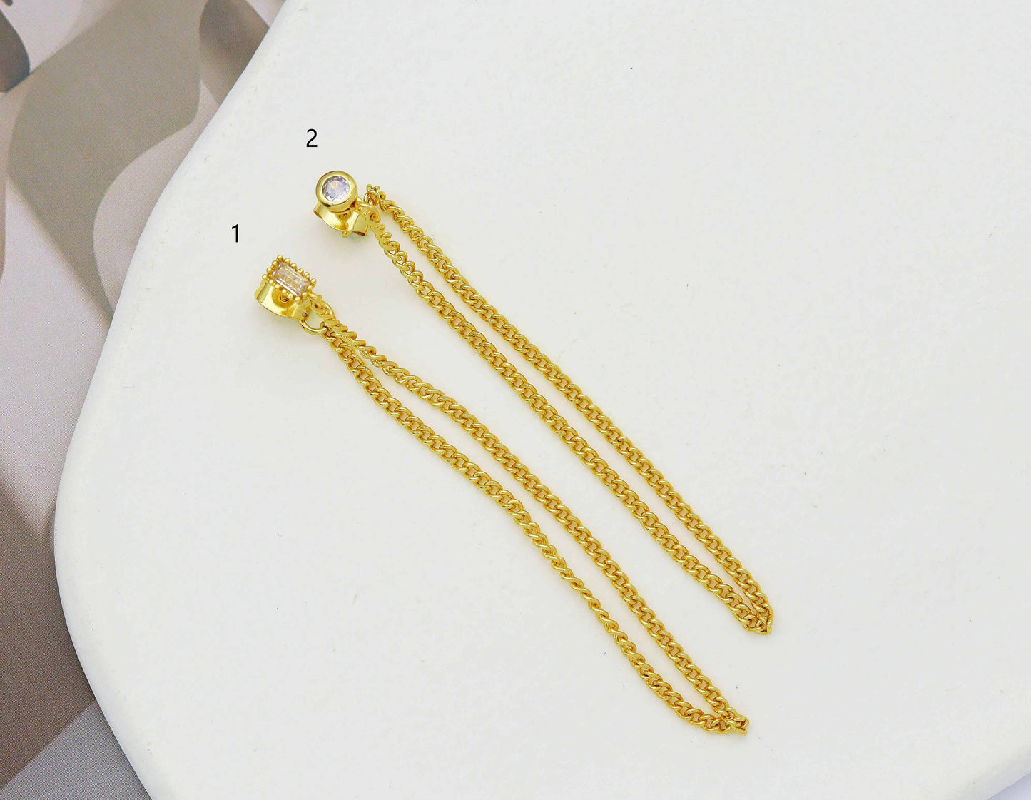 Pave Round Rectangle Stud Dangle Chain Earrings, sku#B203