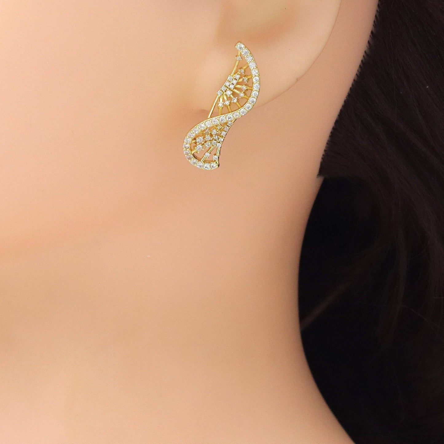 Gold Clear CZ Twisted Fan Shape Stud Earrings, Sku#A421