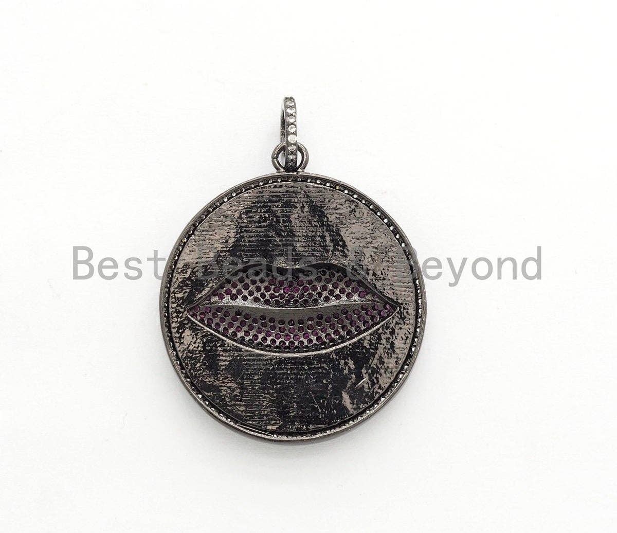 25mm/34mm Enamel Round Charm with Fuchsia Lip, Enamel Pendant Charms, Enamel Oil Drop CZ Charm, Lip Kiss Charm,17x20mm,sku#F610
