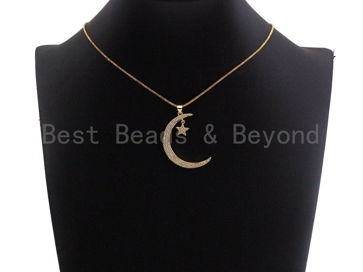CZ Micro Pave Crescent Moon and Star Pendant ,Gold/Silver/Bl