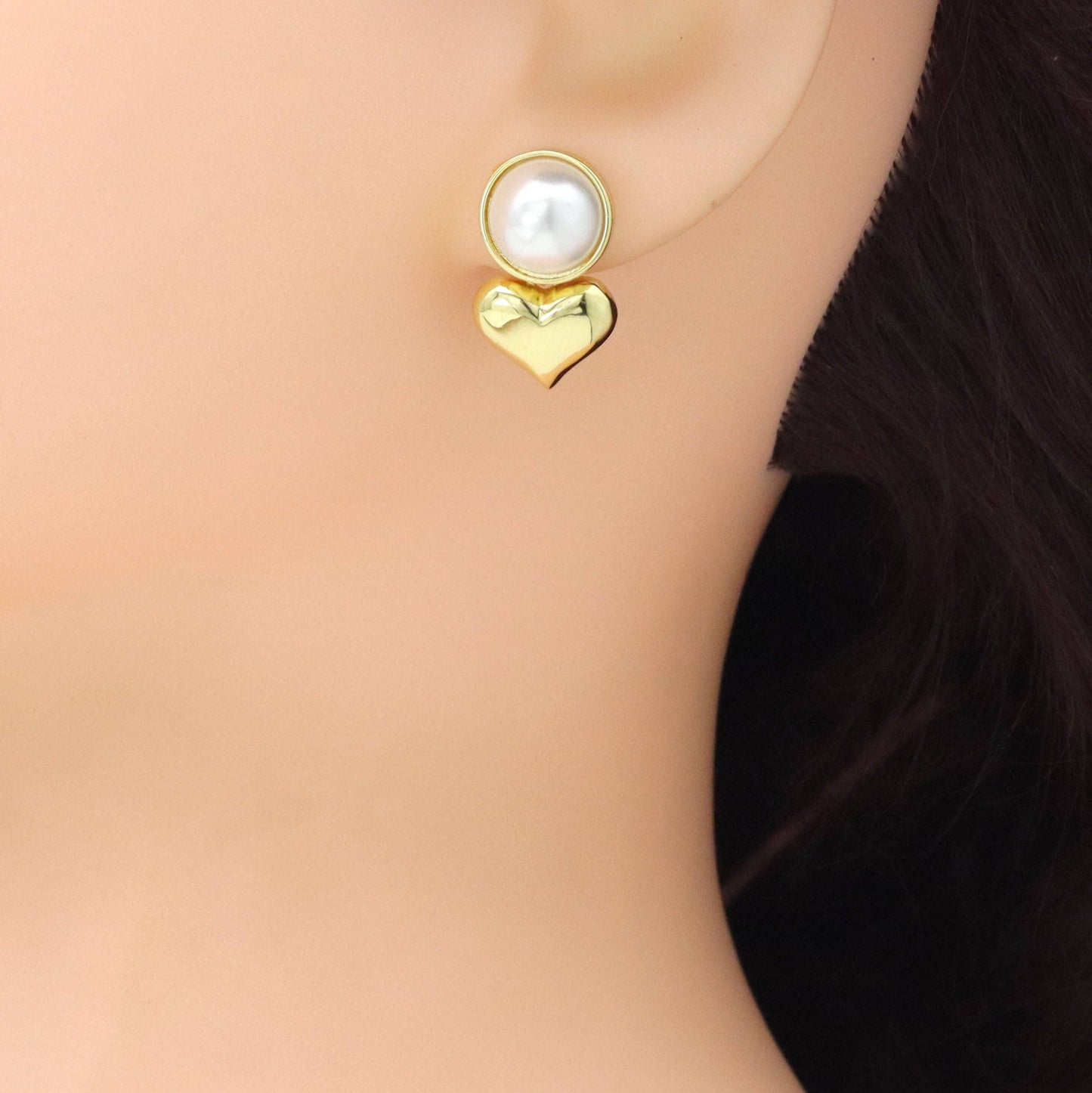 Gold Heart White Pearl Earrings, Sku#LX721