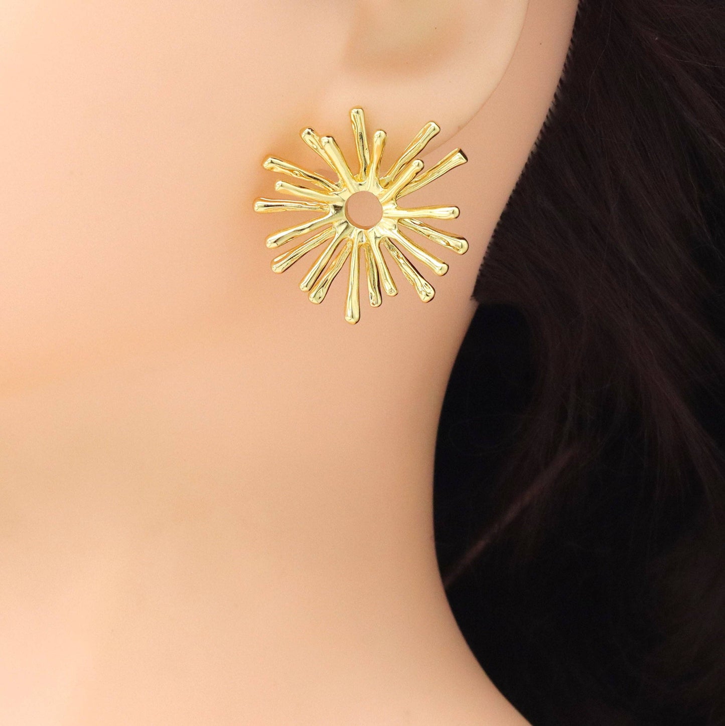 Gold Dandelion Flower Sunburst Stud Earrings, Sku#LX725