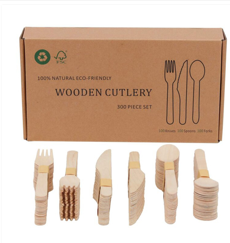Wooden Compostable Utensils Set - 300 Pieces