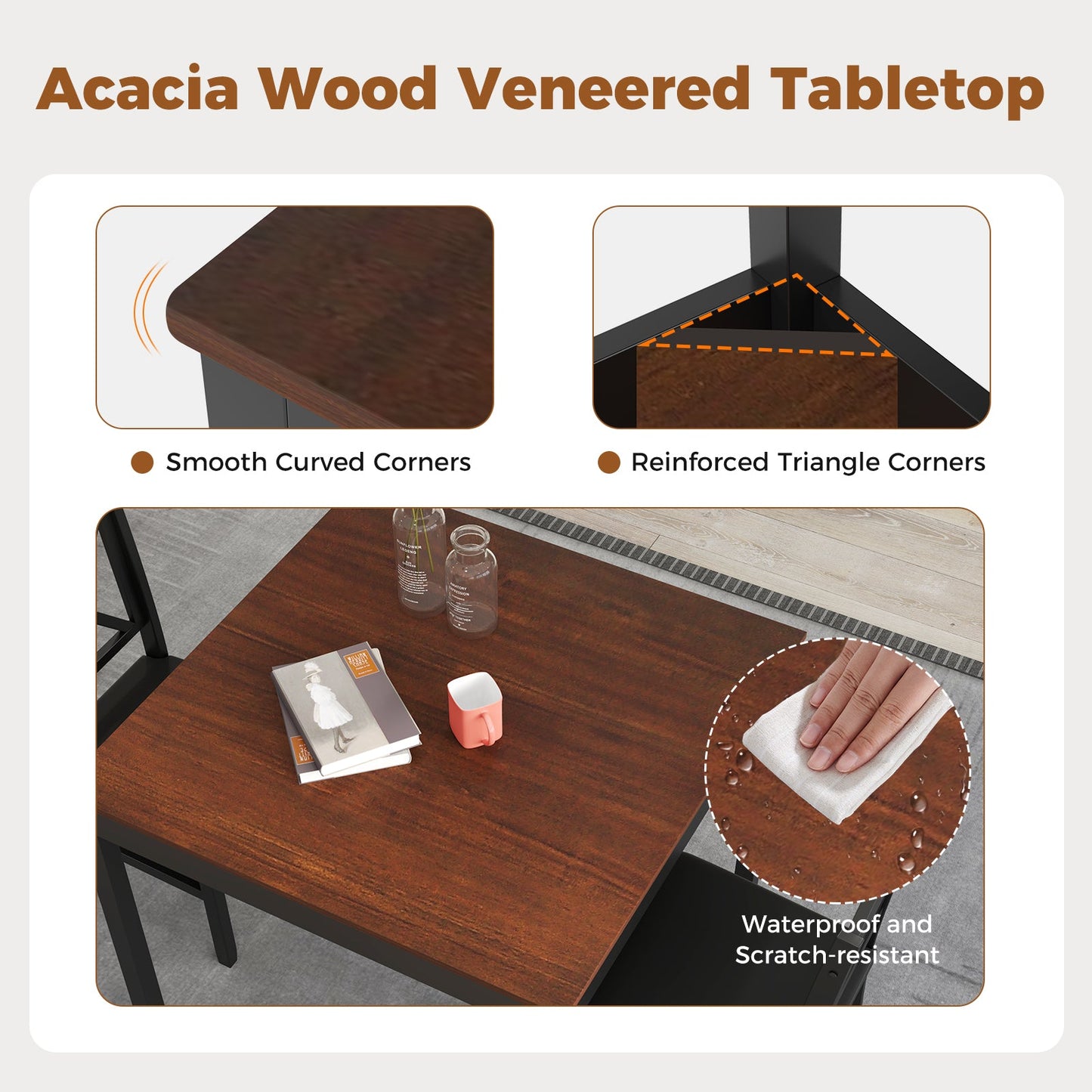 3-Piece Dining Table Set Wooden Square Kitchen Table for 2 People