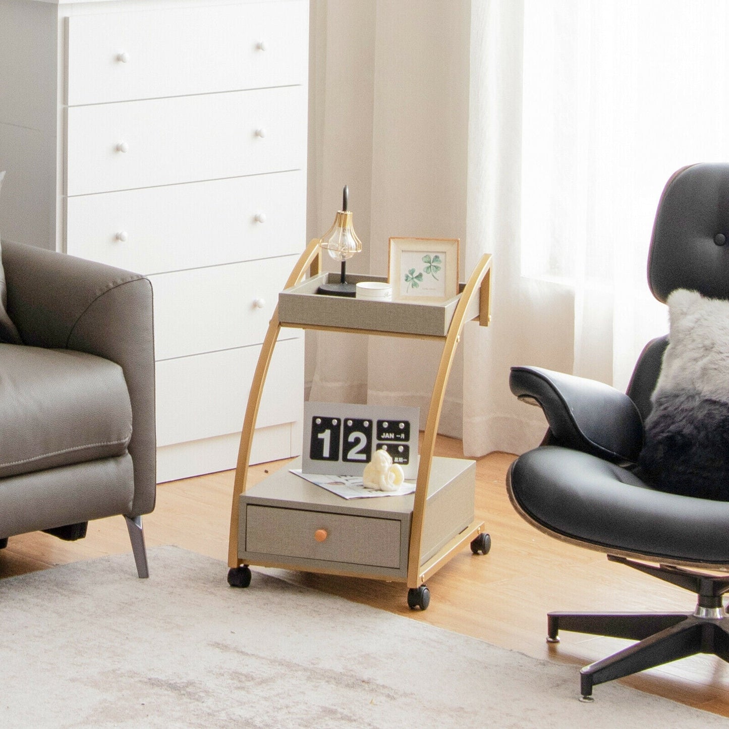 Modern 2-Tier Rolling End Table with Tray Top and Pull-Out Drawer-Gray