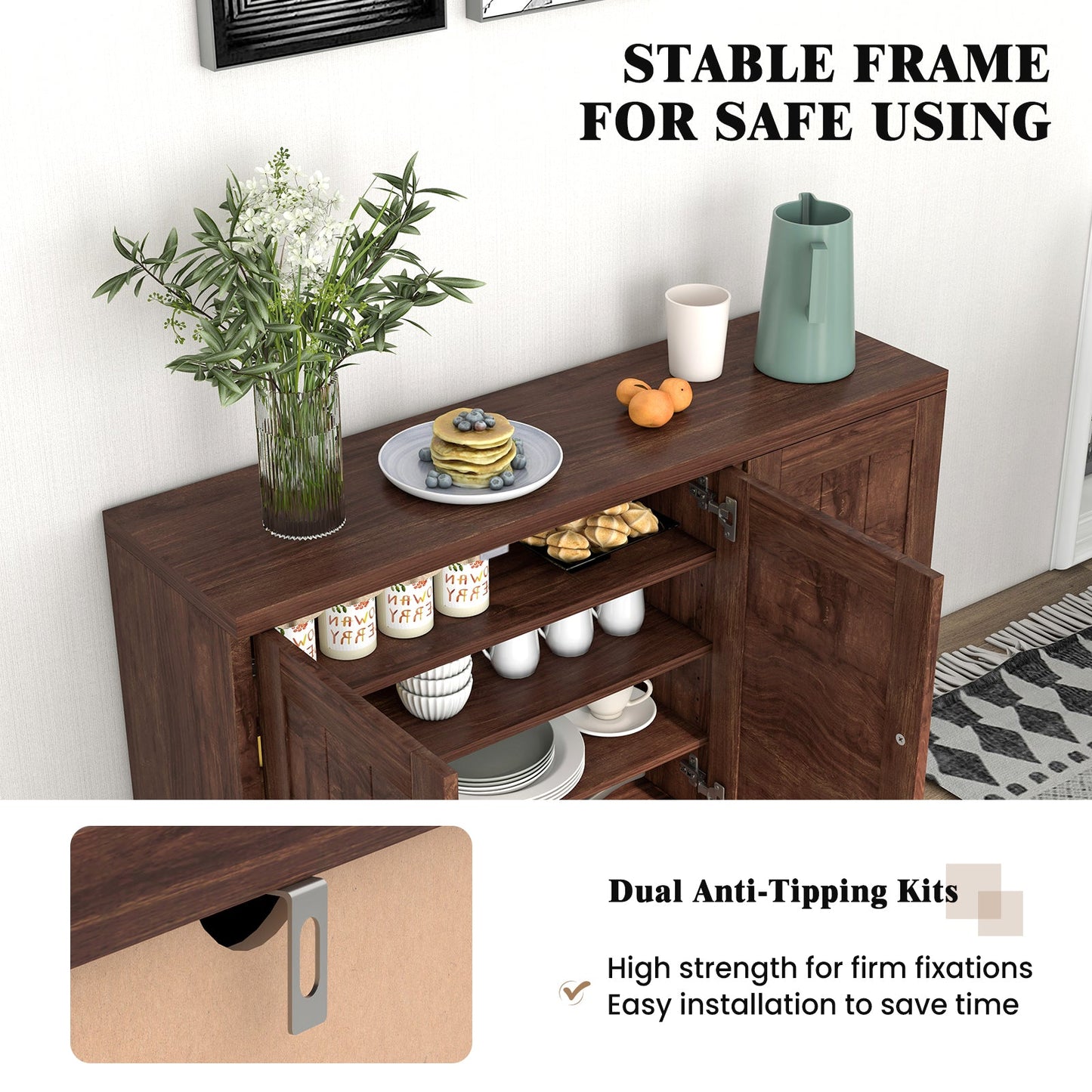 3-Door Buffet Sideboard with Adjustable Shelves and Anti-Tipping Kits