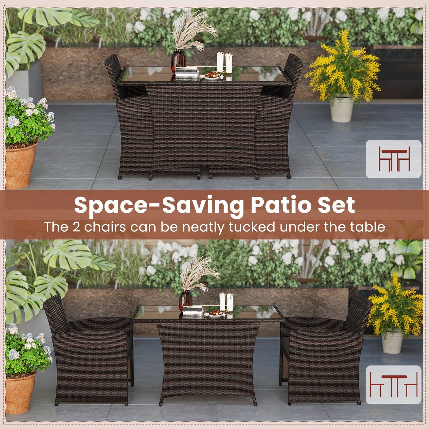 3 Piece Patio Wicker Dining Set with Rectangle Tempered Glass Dining Table-Brown