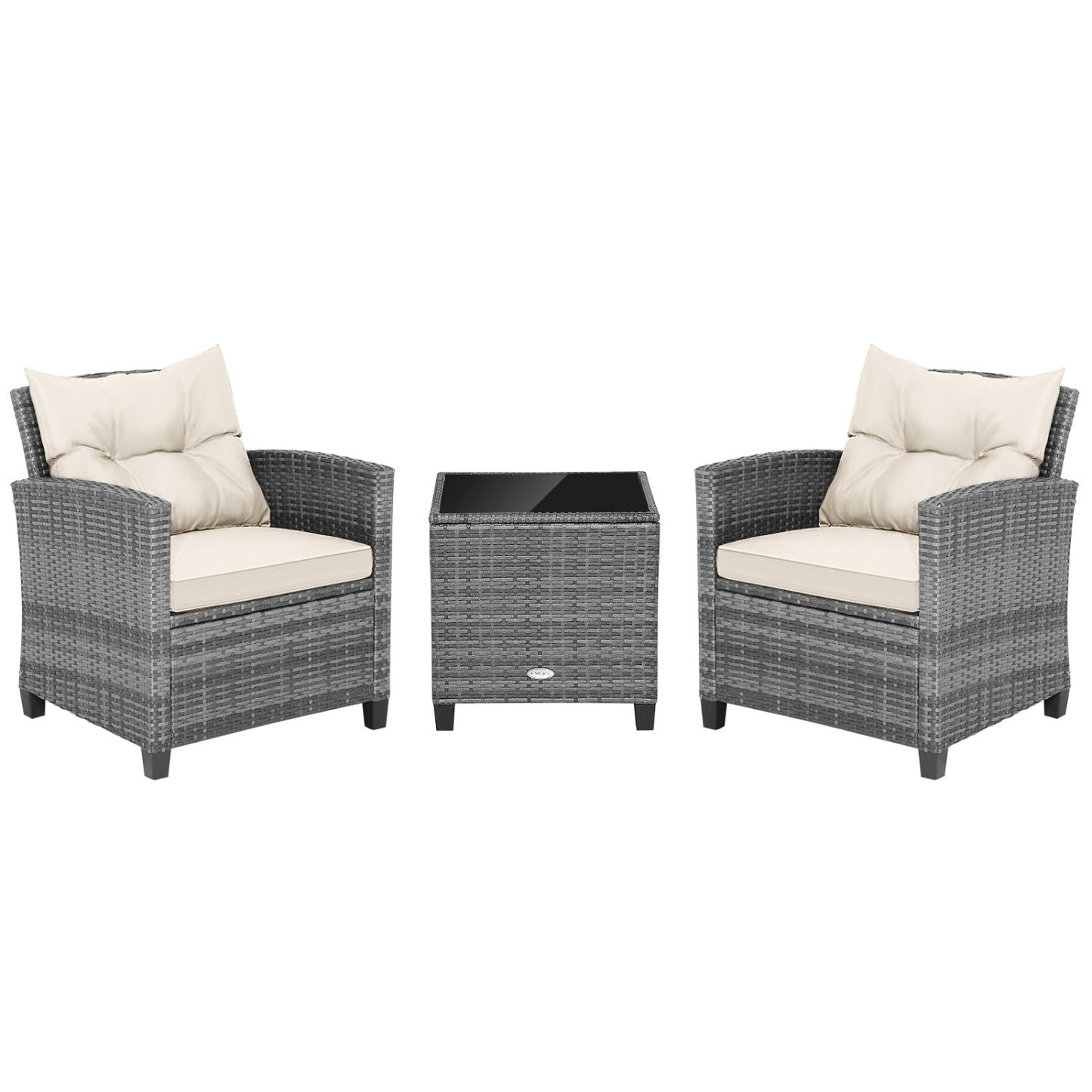 3 Pieces Outdoor Wicker Conversation Set with Tempered Glass Tabletop