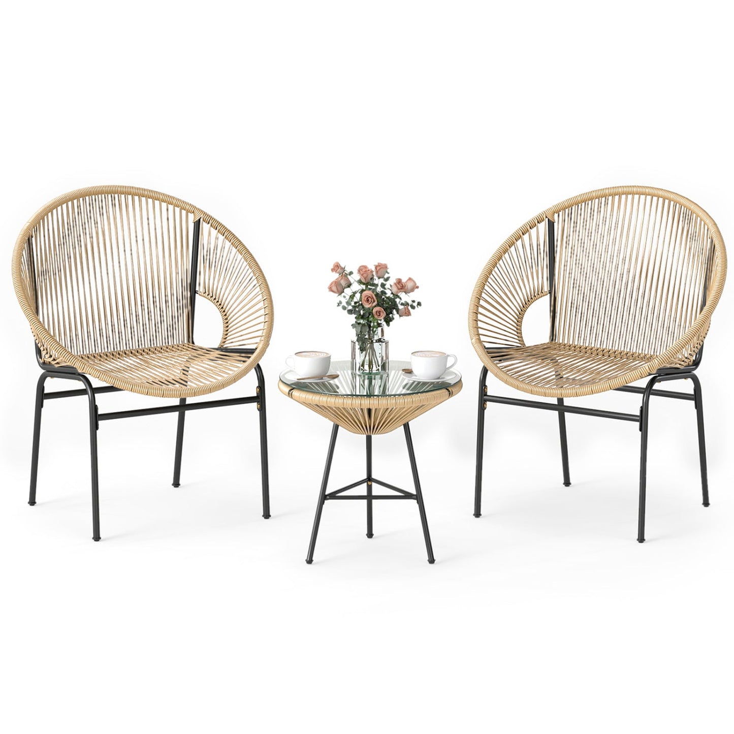 3PCS Patio Acapulco Furniture Bistro Set with GlassTable-Black