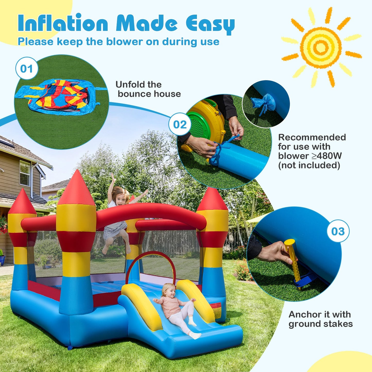 3-in-1 Kids Bouncer with Slide Large Jumping Area and Basketball Hoop without Blower