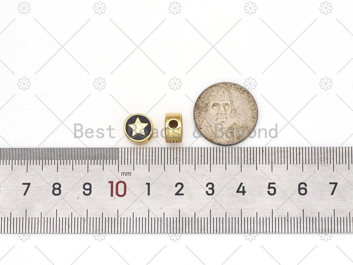Double Sided Gold Heart Star Moon Lighting on Black/White Enamel Round Spacer Beads, 18K Gold Filled Big Hole Spacer Beads,6x10mm,Sku#LK482