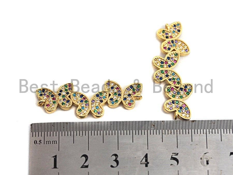 Colorful CZ Micro Pave Three Butterfly Connector/Link, Cz Pave Bracelet Necklace Connector in Gold Finish,14x37mm,sku#M254