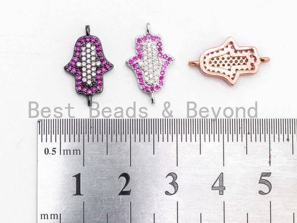 CZ Micro Pave Fuchsia Hamsa Hand Connector, Cubic Zirconia Space Connector in Gold Rose Gold,Silver,Black Color, 11x18mm, sku#A56