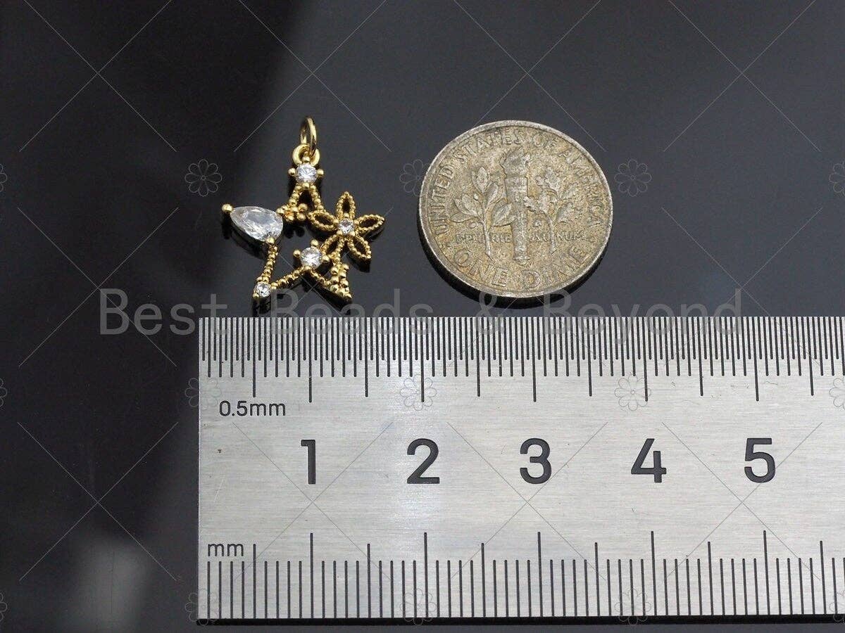 CZ Micro Pave Flower On Star Charm/Pendant, Star Shape Charm, Gold Star Pendant, Gold plated charm, mm, Sku#JL08