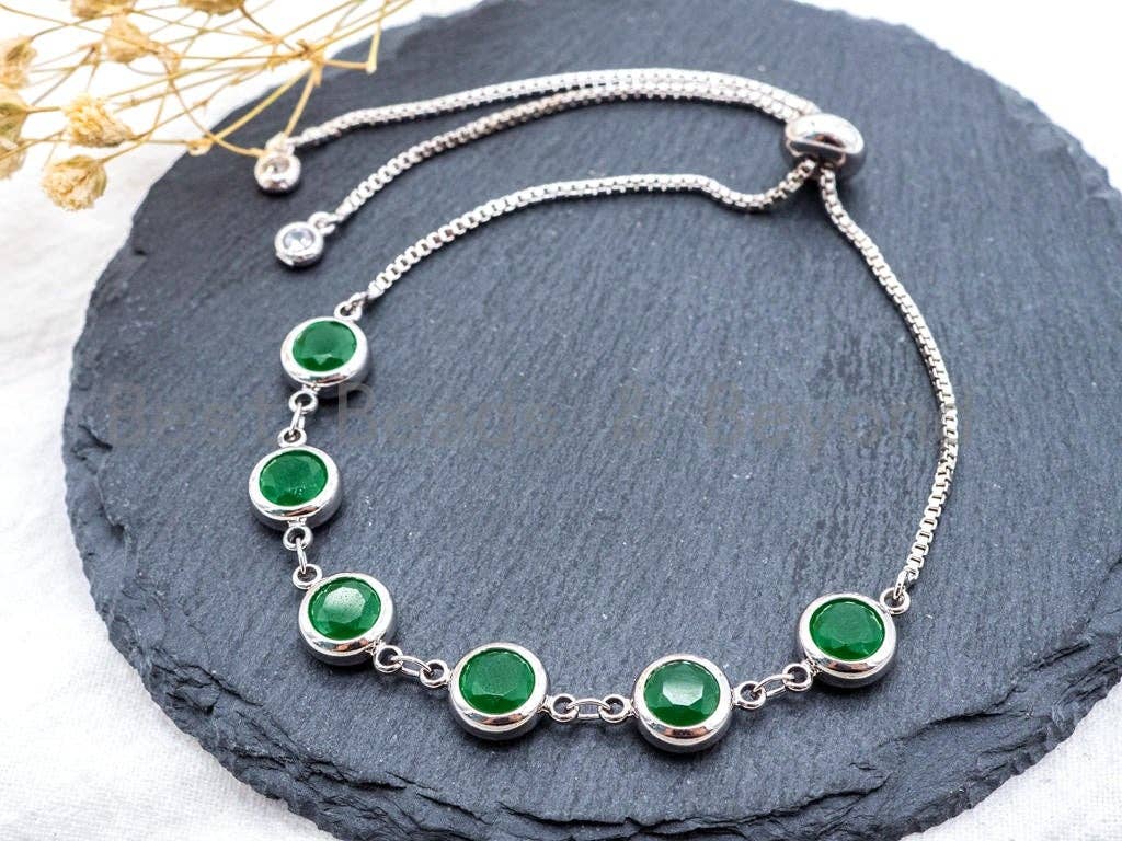 Sliding Adjustable Chain Bracelet, 8mm Green Jade bracelet, Link bracelet, Silver Gold Black Bracelet, Gem Beaded Bracelet, SKU#A47