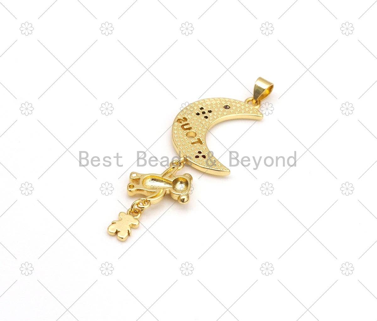 CZ Micro Pave Cresent Moon With Teddy Bear Shape Pendant,18K Gold Filled Moon Bear Charm, Necklace Bracelet Charm Pendant,16x51mm,Sku#LK477