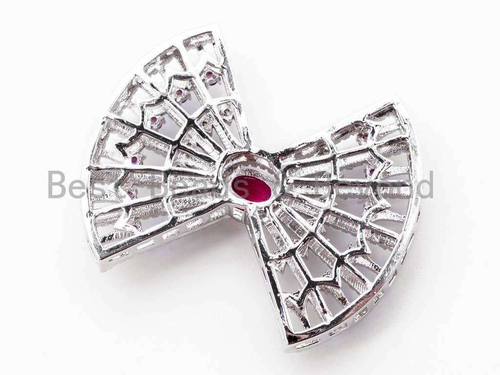 CZ Micro Pave Bow Tassel Head with Green/Red/Cobalt Gemstone in Center, Pendant/Link Connector, 41x35mm, SKU#L206