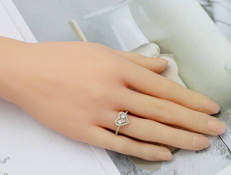 CZ Pave Gold Heart Adjustable Ring, Sku#JL143