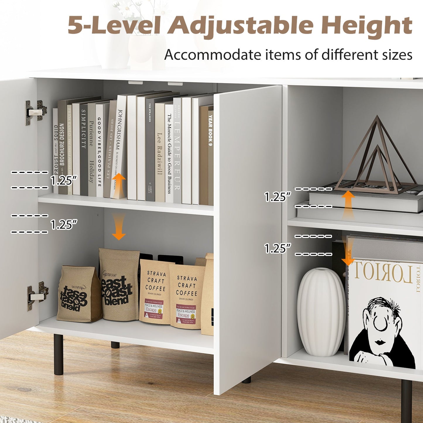 42 Inch Sideboard Buffet Cabinet Kitchen with Adjustable Shelves-White