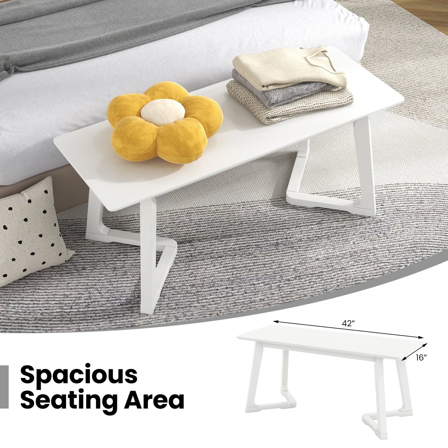 42 Inch Modern Entryway Bench Long Dining Bench with Rubber Wood Legs-White