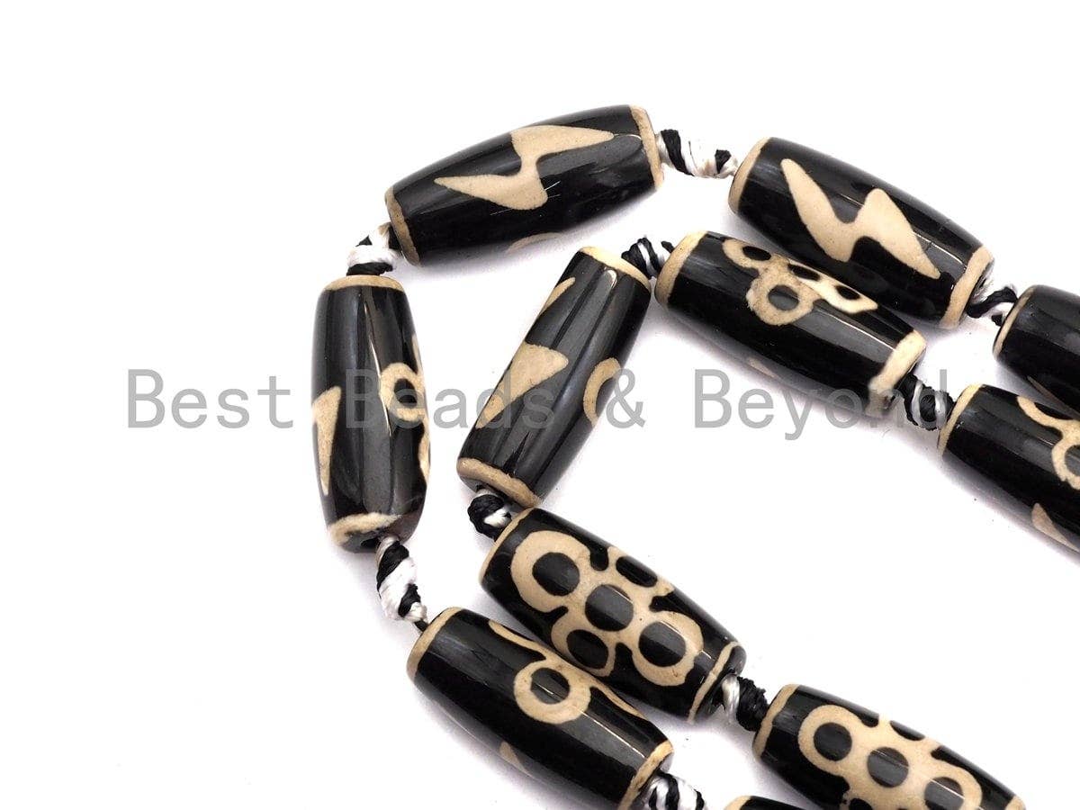 1pc/12pc Natural Tibetan Agate Barrel Beads, Black White Dzi long oval beads, Zodiac Sign Black Onyx Beads, Birthday gift, 10x25mm,sku#U492