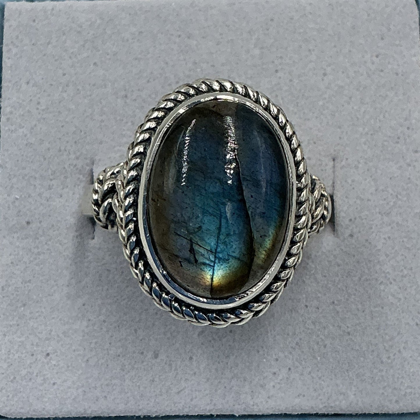 Sterling Silver Twilight Blue Labradorite Oval Rope Ring - Size 8 - Magic and Protection