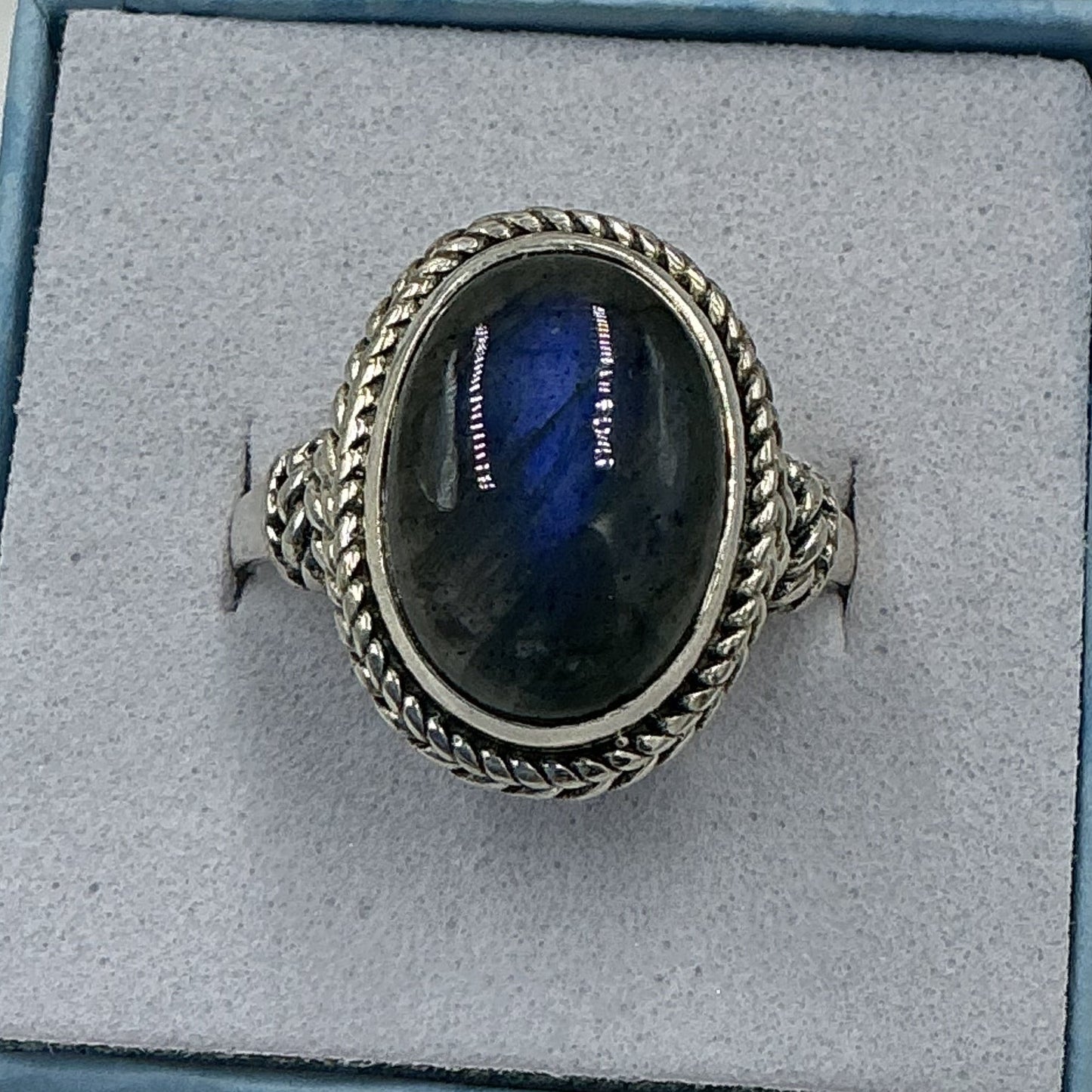 Sterling Silver Deeo Blue Labradorite Oval Rope Ring - Size 9 - Magic and Protection
