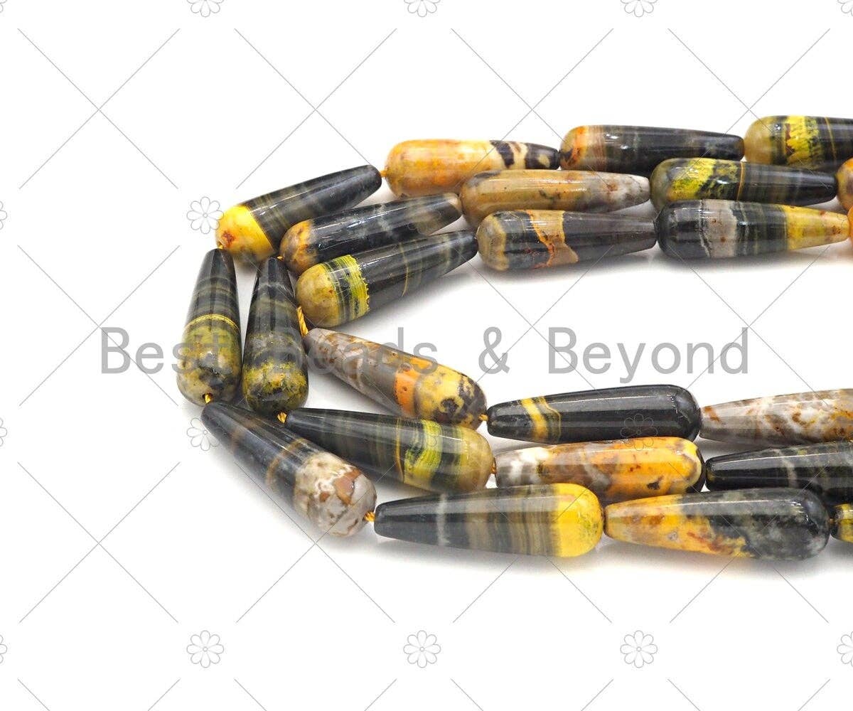 Quality Natural Bumblebee Jasper Smooth Teardrop Shape Beads, 8x20mm/10x30mm Yellow Orange Black Matrix Beads,15.5'' Full Strand, Sku#U1148