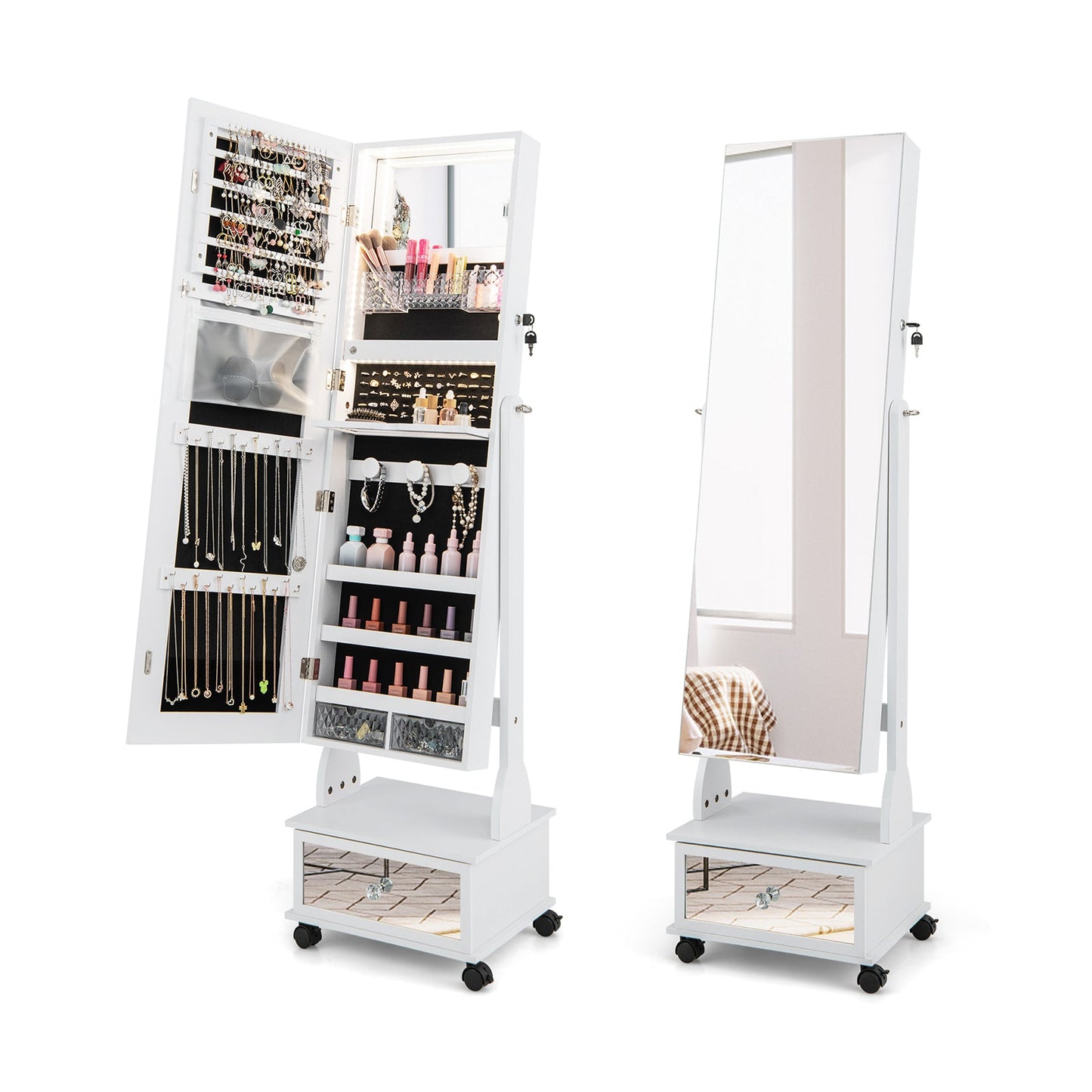 47 Inch Lockable Jewelry Cabinet Armoire with 3-Color LED Lights
