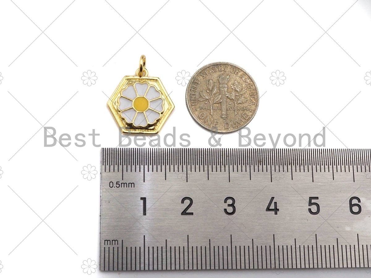 White Enamel Daisy Flower On Hexagon Shape Pendant Charm, Enamel Hexagon Charm,16x16mm,sku#L355