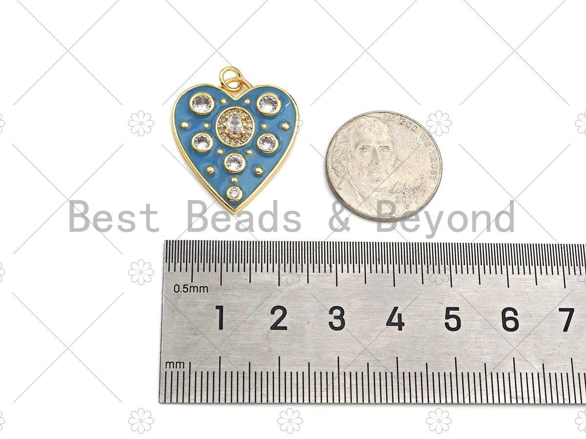 Blue Enamel Heart with Big Clear CZ Pendant,CZ Micro Pave Enamel Charm, Enamel Jewelry, 26x23mm, Sku#LK319