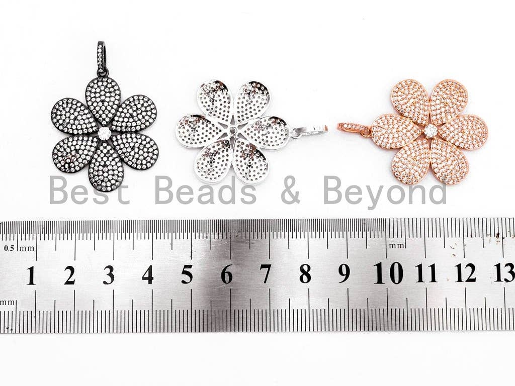 CZ Clear Micro Pave Flower Pendant, Flower Shaped Pave Pendant, Gold/Rose Gold/Silver/Gunmetal plated, 28x33mm, Sku#F409