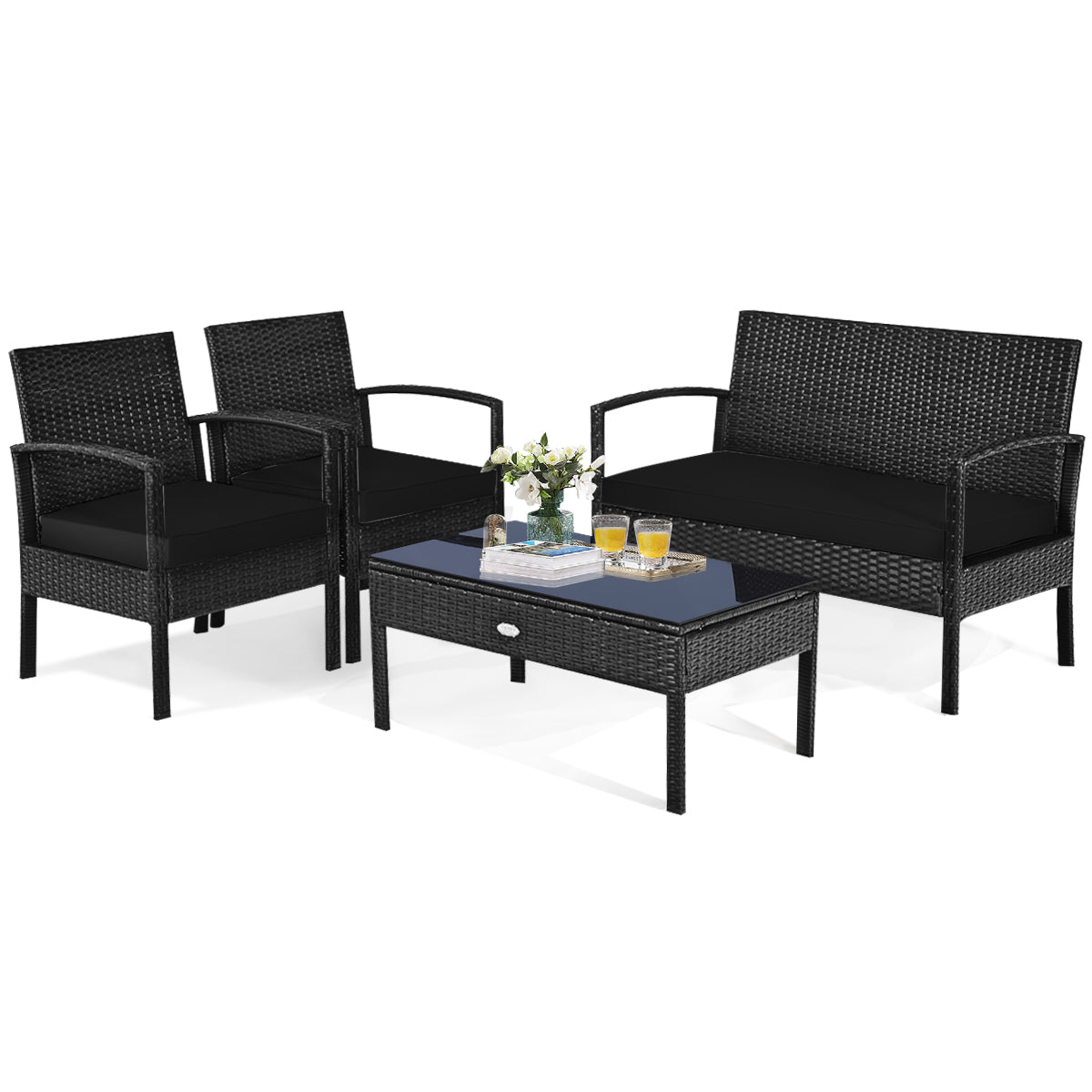 4 Pieces Patio Rattan Cushioned Furniture Set