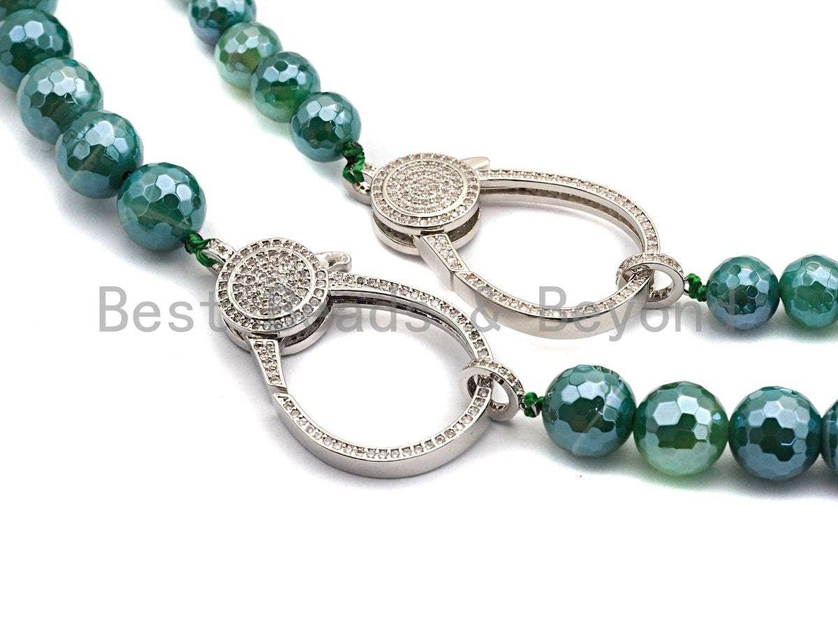Green Agate Attachment Necklace with Large CZ Pave Silver clasp, 18 long, 8mm/10mm beads size, sku#D45
