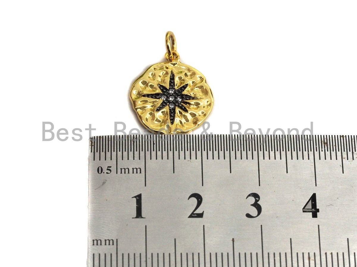 Clear Black CZ Micro Pave Starburst Hammered Gold Pendant/Charm,Star Cubic Zirconia Pendant, 24K Gold Tone,15x17mm,Sku#Z446