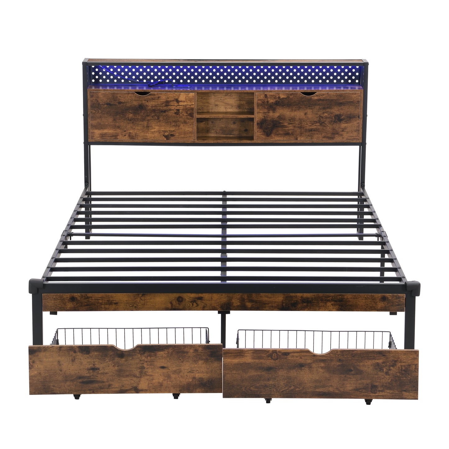 King Size Metal Platform Bed Frame with Wooden Headboard