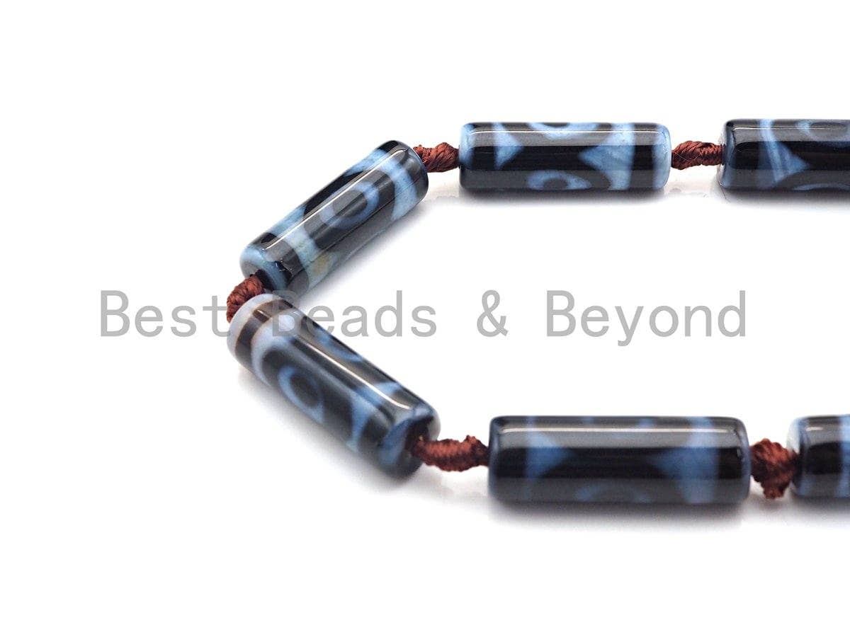 1pc/10pc Natural Tibetan Agate Cylinder Spacer Beads, 10x30mm Blue Black Brown Dzi Eye Spacer Beads, Tibetan Dzi Beads, sku#U864