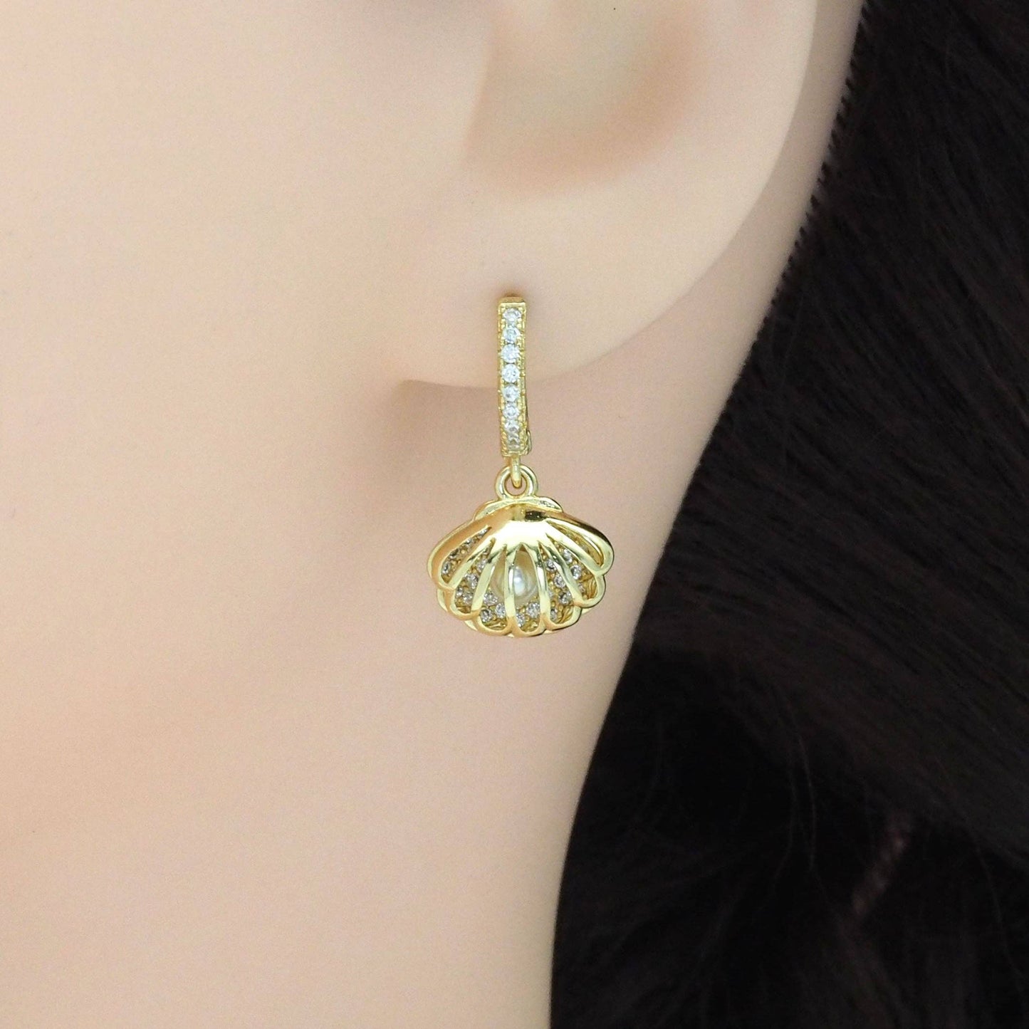 Clear CZ Gold Shell Pearl Huggie Earrings, Sku#LK838