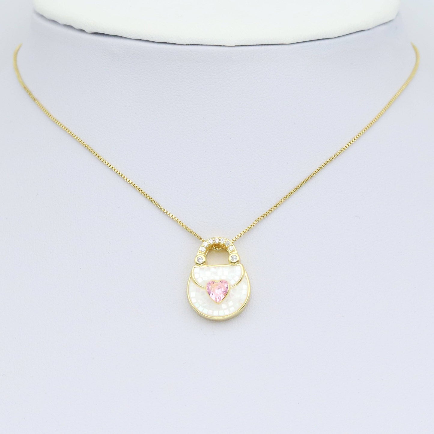 CZ Pave Mother of Pearl Heart Purse Charm Pendant, Sku#WL16