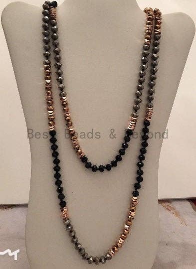 NEW Color 60 Long Hand Knotted Mixed Color Crystal Necklace Chain, Double Wrap Necklace, 5x8mm Crystal with Brass Spacer Beads, Sku#DS3