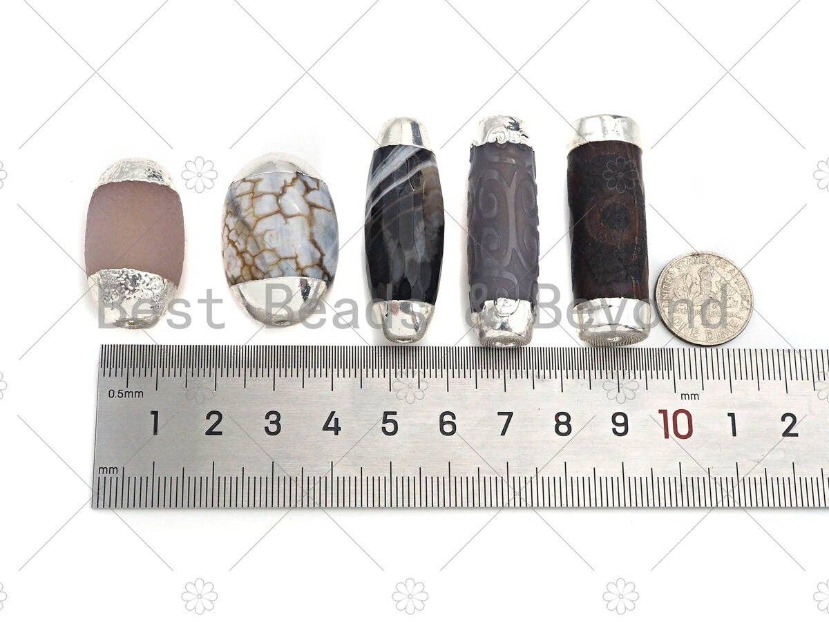 Large Natural Tibetan Agate Barrel Shape Spacer Beads, Silve