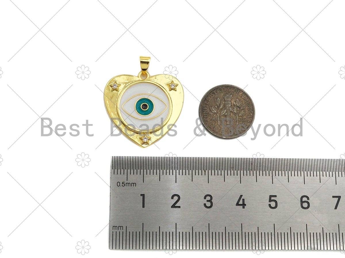 CZ Micro Pave Enamel Evil Eye On Heart Shape Pendant/Charm,Cubic Zirconia Star Charm, Necklace Bracelet Charm Pendant,25x25mm, Sku#LK217